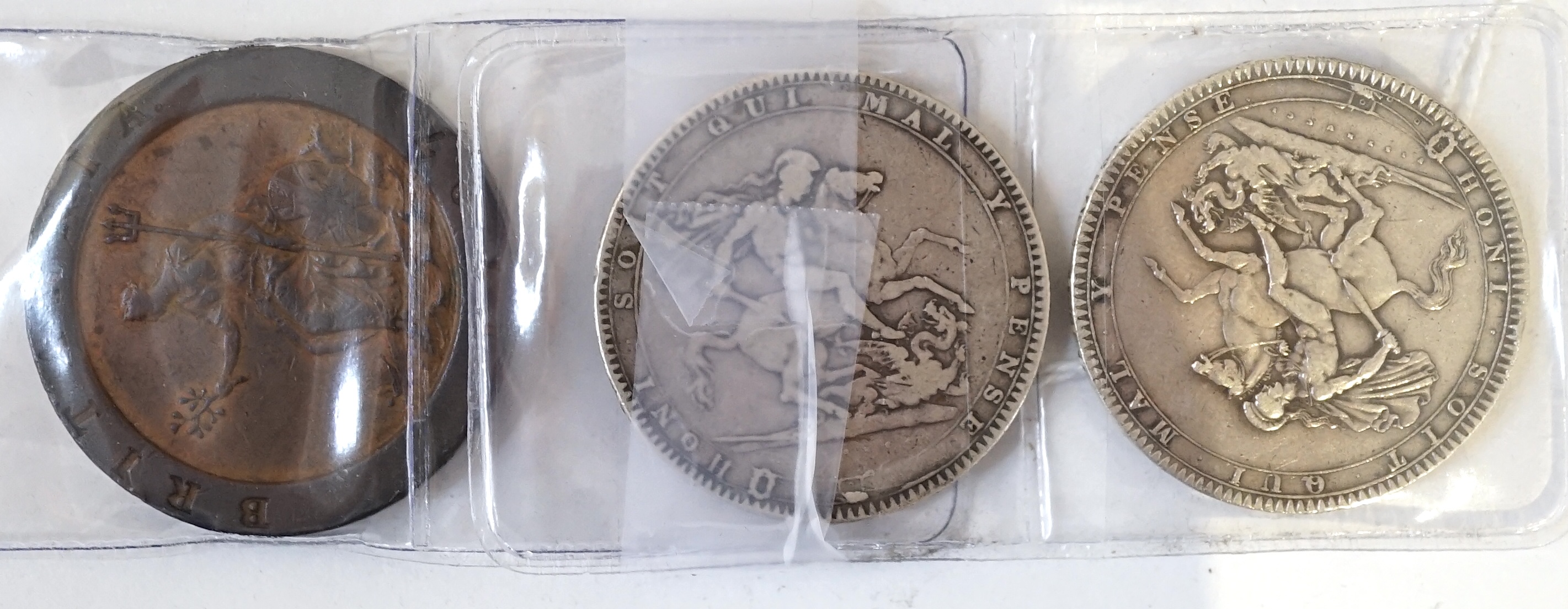British coins, George III, silver crown, 1819, fine, silver crown, 1820, VG, and 1797 Soho Mint twopence, good fine (3)